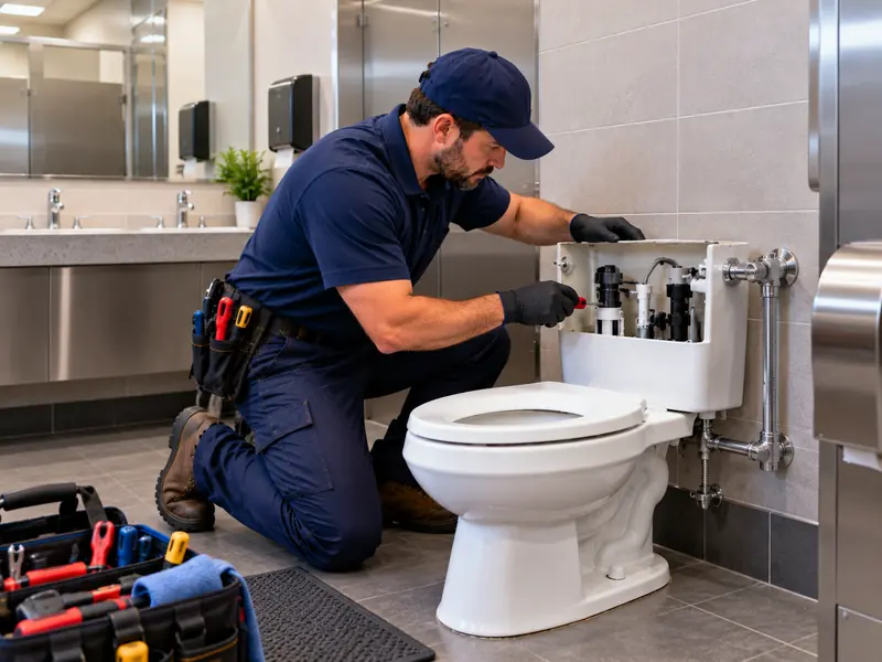 Plumber repairing a toilet in a commercial restroom with stainless steel fixtures
