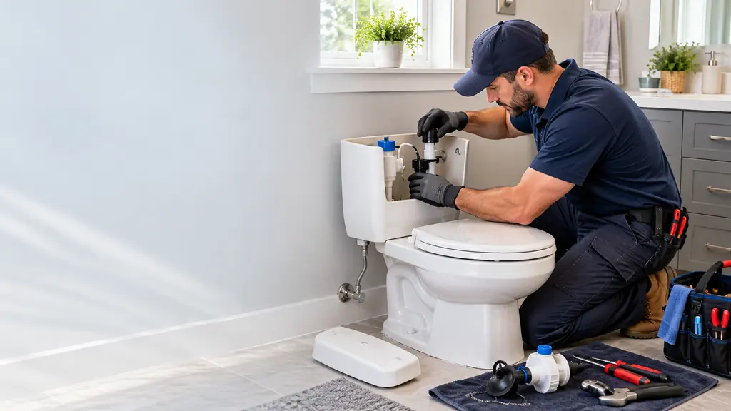Plumber replacing the flush valve inside an open toilet tank in a bright bathroom