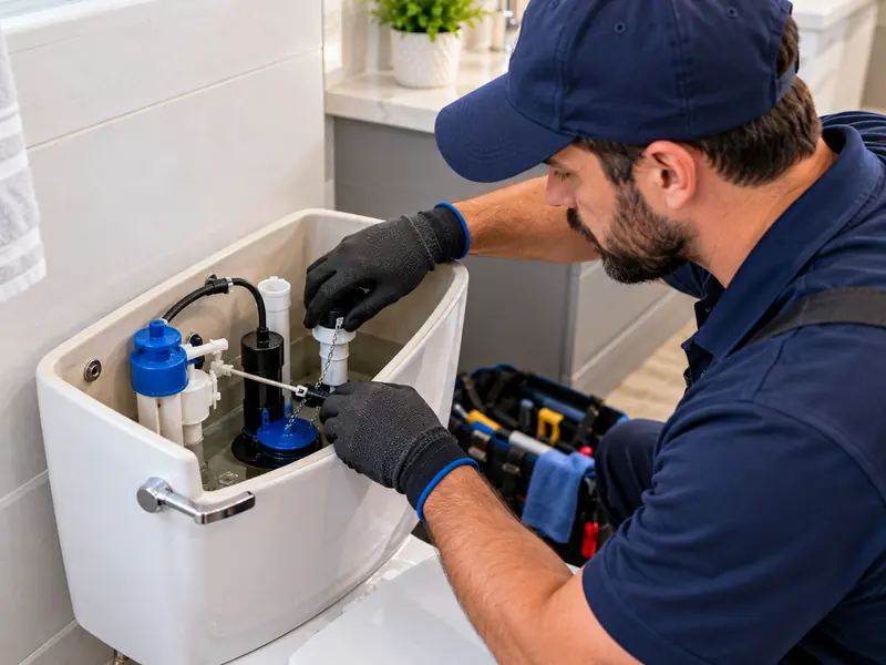 Plumber adjusting the flapper chain inside an open toilet tank